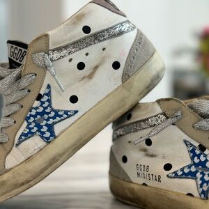 🩷 GOLDEN GOOSE Mid Star 37 7 White Blue Custom Glitter loved but life left! 🩷